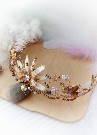 Фея тіара діадема корона косплей білий метелики квіти листя плетена з дроту балетна на голову сценічний ельфійський святкова золотий казковий5 фото