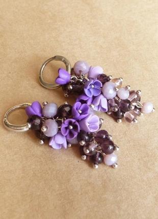 Фіолетові сережки грона з квітами, вечірні сережки подарунок дівчині4 фото