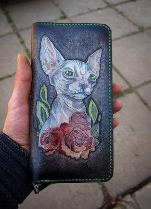 Жіночий гаманець з котом, купити гаманець з малюнком, замовити шкіряний гаманець4 фото