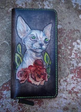 Жіночий гаманець з котом, купити гаманець з малюнком, замовити шкіряний гаманець1 фото