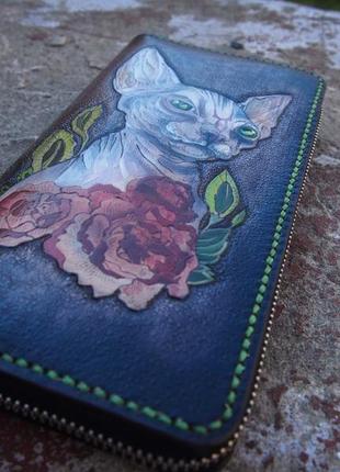 Жіночий гаманець з котом, купити гаманець з малюнком, замовити шкіряний гаманець2 фото
