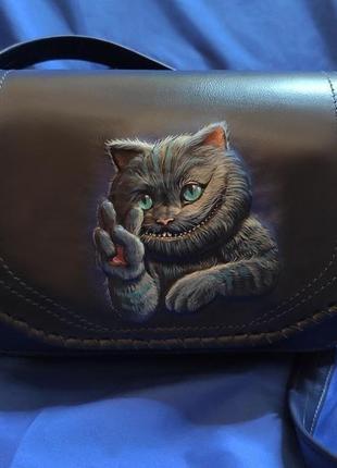 Синя шкіряна сумка  "чеширський кіт" з монограмою2 фото