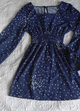 Платье с рукавами синяя в горошек р.158/164