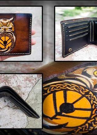 Гаманець з совою, жіночий шкіряний гаманець, шкіряний гаманець, сова на гаманці, коричневий гаманець2 фото