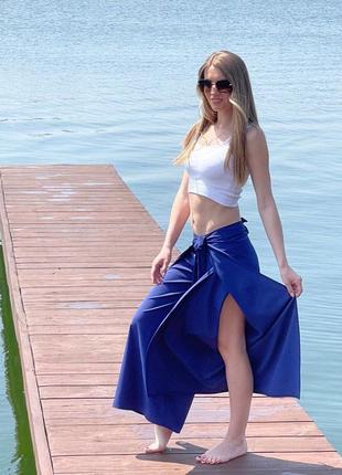 Сині жіночі штани спідниця широкі штани палаццо з розрізами жіночі повсякденні прогулянкові брюки спідниця5 фото
