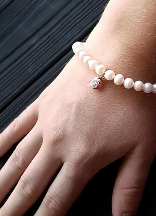 Комплект з натуральних перлів у позолоті з кристалами свадебное колье из жемчуга серьги и браслет5 фото