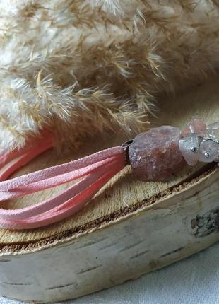 Рожевий браслет із замші з полуничним кварцом 'ніжність'1 фото