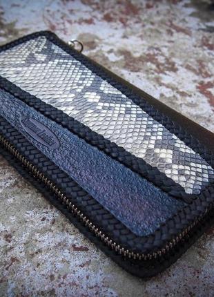 Шкіряний гаманець з екзотичної шкіри, дорогий подарунок, гаманець на блискавці, чорний гаманець2 фото