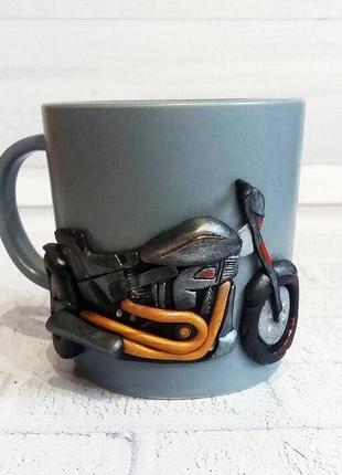 Чашка для мотоциклиста (байкера) декор кружки полимерной глиной1 фото