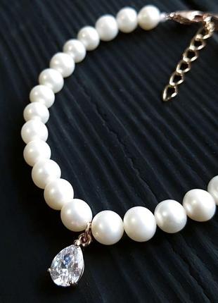 Браслет з натуральних перлів та кристаллом у позолоті свадебный браслет из жемчуга с подвеской