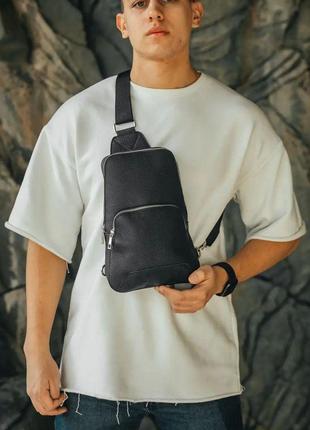 Мужская кожаная сумка через плечо слинг на два отделения "sling" черный | s3023 фото