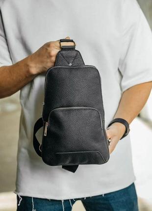 Мужская кожаная сумка через плечо слинг на два отделения "sling" черный | s3021 фото