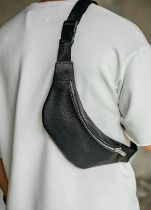 Чоловіча сумка-бананка з натуральної шкіри через плече на два відділення "brooklyn" чорний | s3562 фото