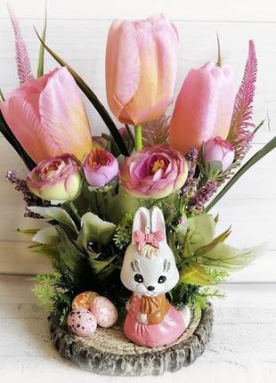 Великодній набір для декору будинку на паску з 2 квіткових композицій з кроликом2 фото