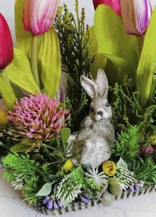 Цветочная композиция с кроликом пасхальный декор для украшения дома на пасху2 фото