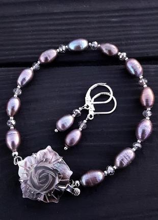 Комплект з натуральних перлів та перламутру браслет сережки браслет с жемчугом браслет из жемчуга2 фото
