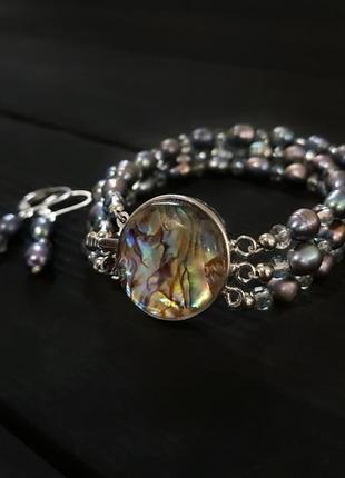 Браслет з натуральних перлів та перламутру пауа трьохрядний браслет из жемчуга жемчужный браслет3 фото