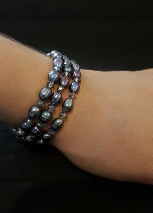 Браслет з натуральних перлів та перламутру пауа трьохрядний браслет из жемчуга жемчужный браслет2 фото