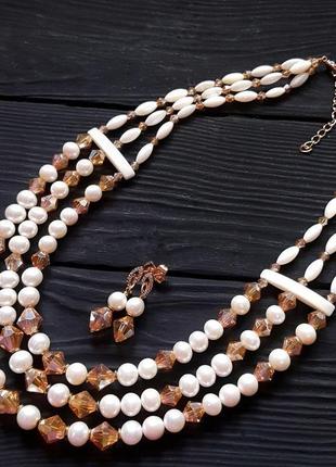 Позолочені сережки з натуральними перлами та кристалами позолоченные серьги с жемчугом свадебные3 фото