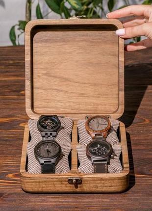 Скринька для годинників чоловіча на 4 осередки з дерев'яною кришкою | eb-14.4.22 фото
