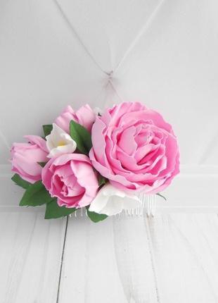 Гребінь з трояндами на весілля рожева шпилька з квітами подарунок жінці на 8 березня прикраса дівчини6 фото