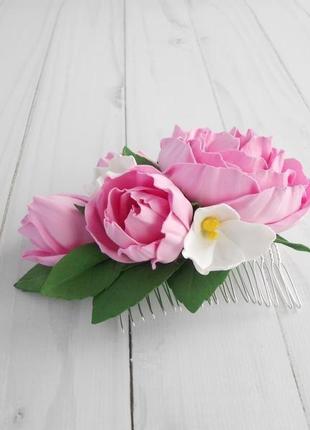 Гребінь з трояндами на весілля рожева шпилька з квітами подарунок жінці на 8 березня прикраса дівчини5 фото