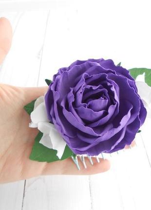 Фиолетовый цветочный гребень для волос девушке заколка с розой на свадьбу подарок женщине на 8 марта6 фото
