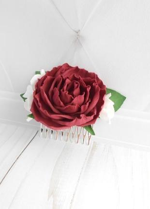 Бордовий гребінь з трояндою прикраса для волосся дівчині шпилька з квітами подарунок жінці на 8 березня5 фото