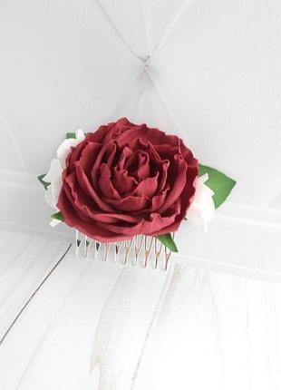 Бордовый гребень с розой украшение для волос девушке заколка с цветами подарок женщине...