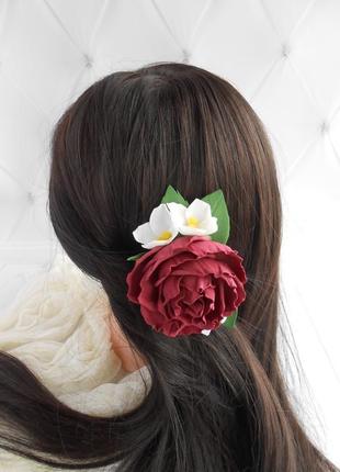Бордовый гребень с розой украшение для волос девушке заколка с цветами подарок женщине...