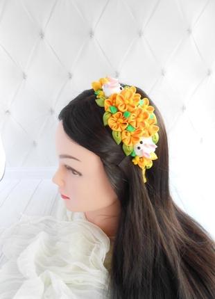 Желтый ободок с цветами на пасху обруч для волос на фотосессию украшение на голову подарок девочке8 фото