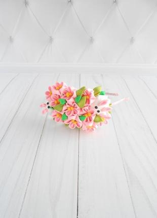 Рожевий обруч з квітами на великдень прикраса для волосся дівчинці обідок канзаші подарунок на день народження3 фото