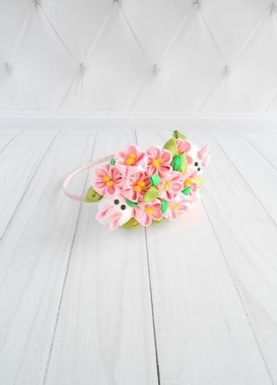Рожевий обруч з квітами на великдень прикраса для волосся дівчинці обідок канзаші подарунок на день народження4 фото