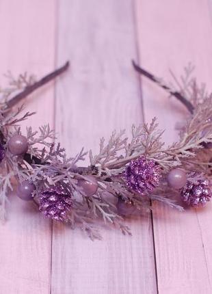 Фиолетовый обруч ободок новогодний с шишками2 фото