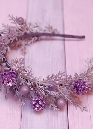 Фиолетовый обруч ободок новогодний с шишками3 фото
