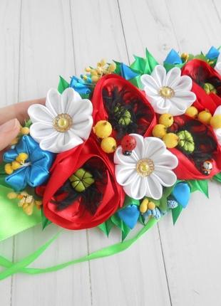 Декор з маками і ромашками на великодній кошик прикраса з українськими квітами на великдень подарунок6 фото