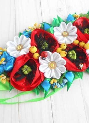 Декор з маками і ромашками на великодній кошик прикраса з українськими квітами на великдень подарунок5 фото