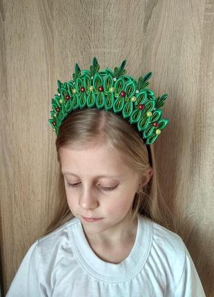 Корона на новорічний ранок прикраса на голову до костюма ялинки обідок для дівчинки обруч ялинка6 фото