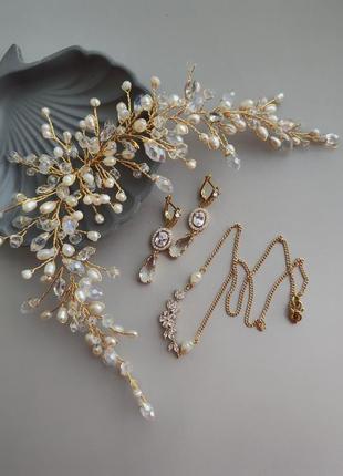 Набор свадебных украшений, жемчужная веточка в прическу, серьги и подвеска с натуральным жемчугом4 фото
