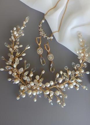 Набір весільних прикрас, перлина гілочка в зачіску та сережки і підвіска з натуральними перлами3 фото