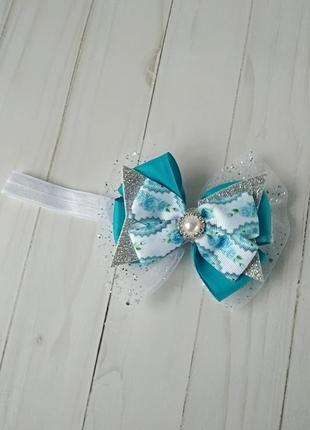 Голубая повязка для малышки на годик украшение с бантом на голову на день рождение подарок2 фото