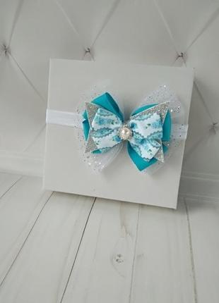 Голубая повязка для малышки на годик украшение с бантом на голову на день рождение подарок4 фото