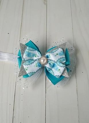Голубая повязка для малышки на годик украшение с бантом на голову на день рождение подарок