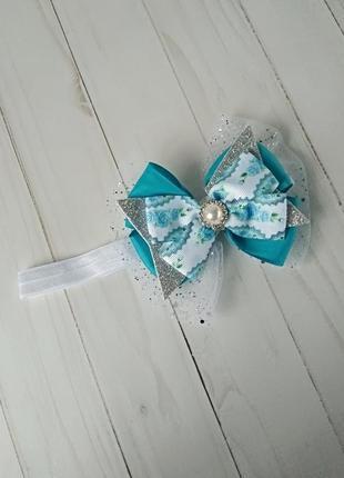 Голубая повязка для малышки на годик украшение с бантом на голову на день рождение подарок10 фото