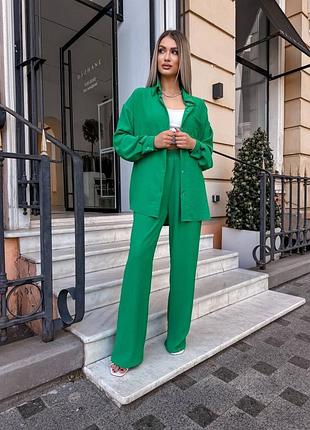 🌈14! шикарний жіночий брючний зелений легкий костюм рубашка сорочка штани брюки креп жатка весняний весна