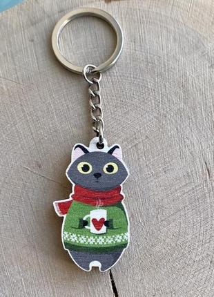 Деревянный брелок "котик с чашкой"