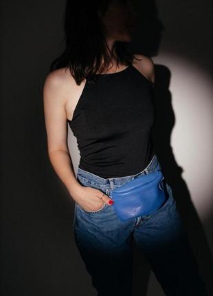 Синя бананка зі шкіри, жіноча шкіряна сумка через плече3 фото