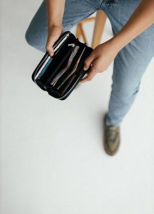 Черный кожаный кошелек zipper из фактурной кожи, большой кожаный кошелек3 фото