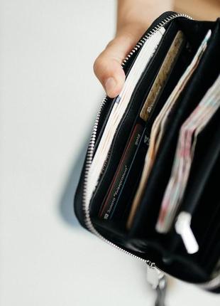 Чорний шкіряний гаманець zipper зі фактурної шкіри, великий гаманець шкіряний4 фото