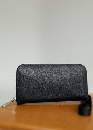 Черный кожаный кошелек zipper из фактурной кожи, большой кожаный кошелек5 фото